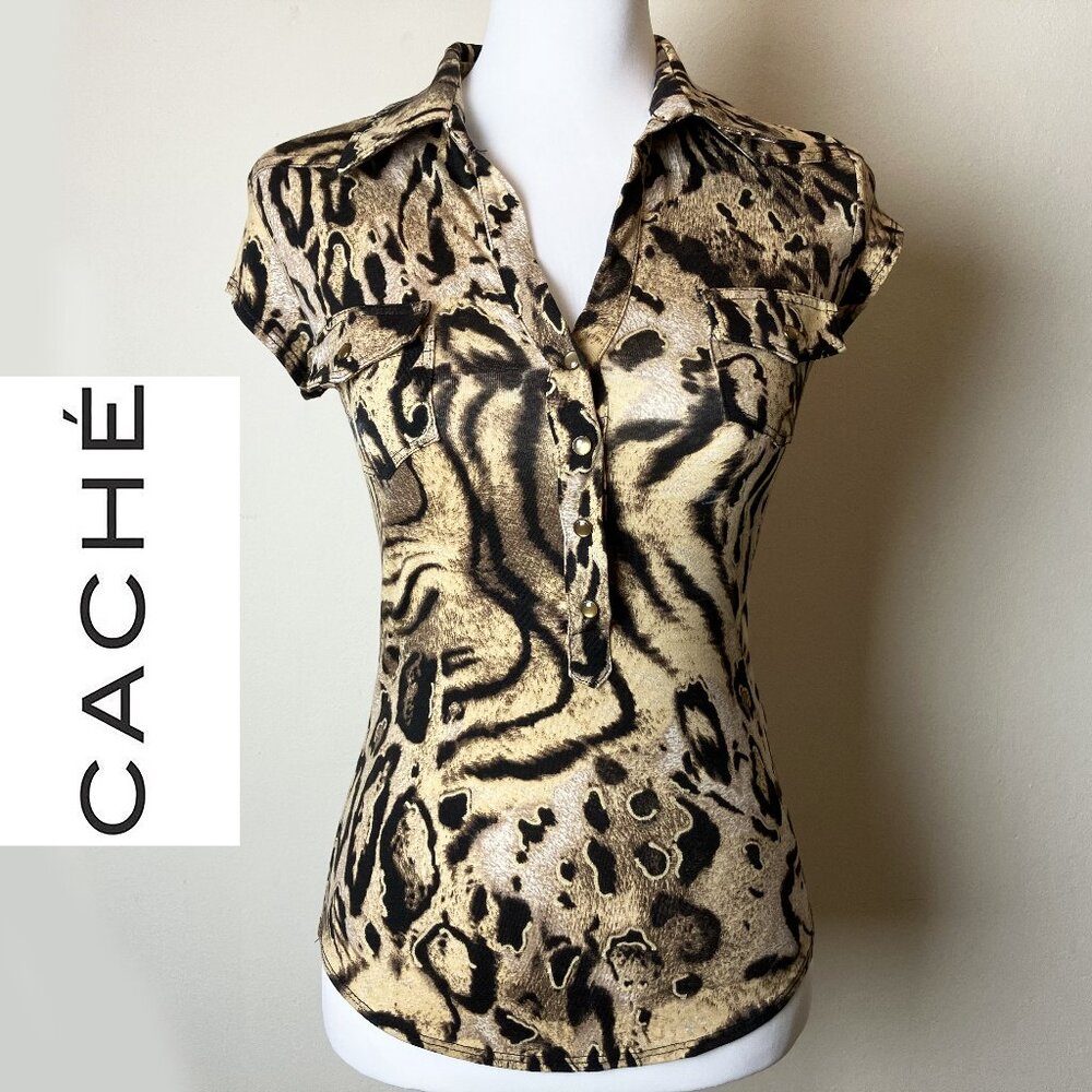 Cache Leopard Print Brown-Tan Button-Down Short S… - image 1